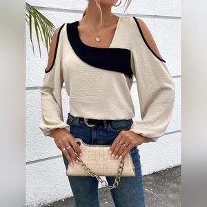 Color Block Cold Shoulder Blouse, Casual Lantern Sleeve Asymmetrical Neck Blouse